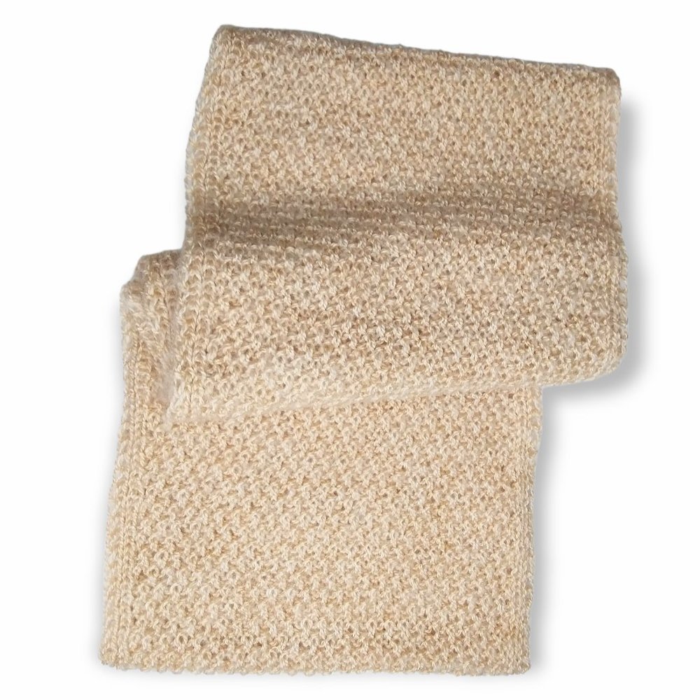 Hand Knit Infinity Scarf Beige Neutral Irish Moss Stitch Textured Wide Angora